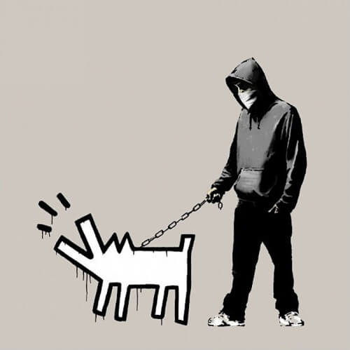 Banksy Choose Your Weapon Queue Jumping Grey print with Keith Haring barking dog