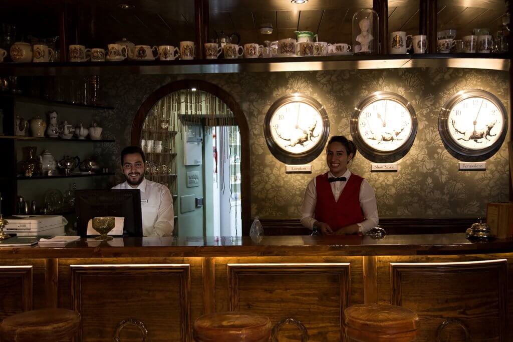 Banksy Walled Off Hotel piano bar interior and reception, Bethlehem, Palestine — photographed by GraffitiStreet, 2017