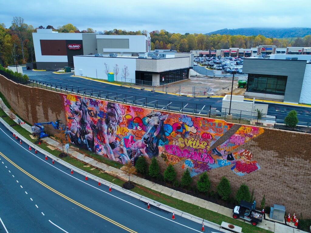 PichiAvo, Street Art Mural "Rivanna River by Poseidon", 5th Street Station, Charlottesville, Virginia 2017. Photo Credit @skycladaerial