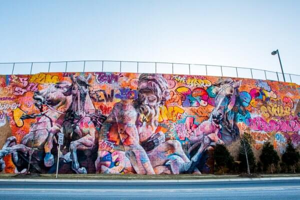 PichiAvo, Street Art Mural "Rivanna River by Poseidon", 5th Street Station, Charlottesville, Virginia 2017. © Graffitistreet.com