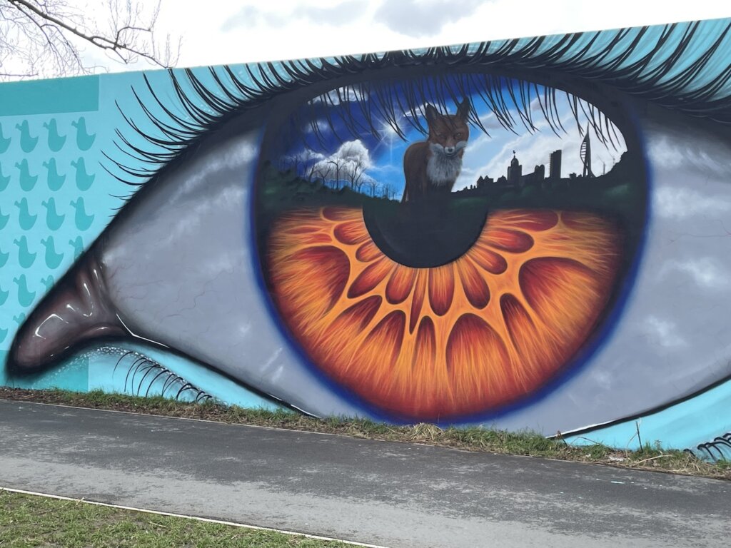 My Dog Sighs Hilsea Lido mural featuring a Portsmouth fox reflected in the artist’s signature eye