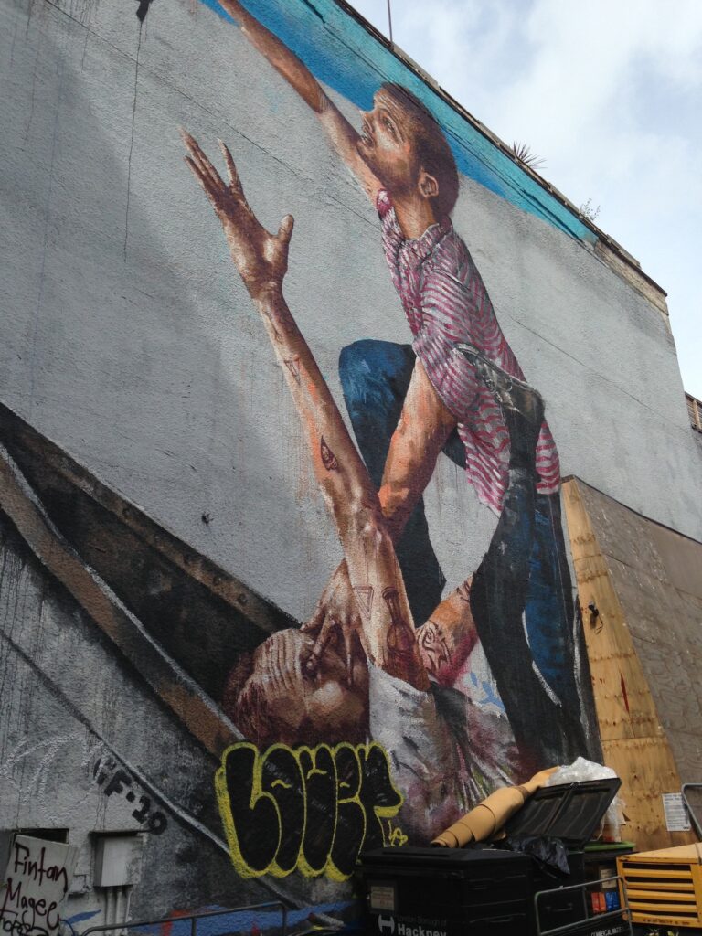 Fintan Magee figurative street art piece, Shoreditch, East London, 2013–2014, photographed by GraffitiStreet