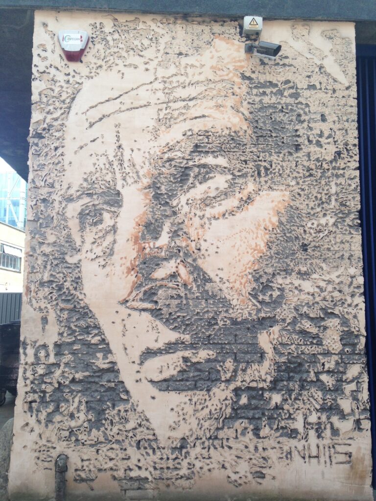 Vhils figurative street art piece, Shoreditch, East London, 2013–2014, photographed by GraffitiStreet