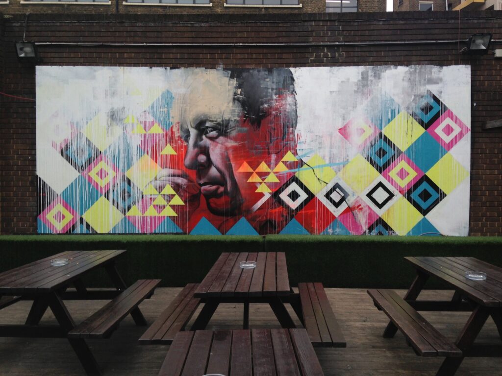 Ben Slow and Carl Cashman figurative street art piece, Shoreditch, East London, 2013–2014, photographed by GraffitiStreet