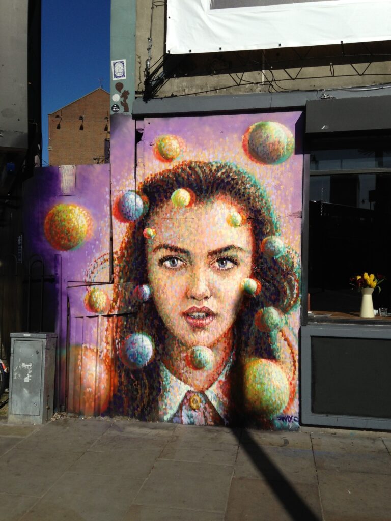 Jim Vision multicoloured street art mural, Shoreditch, East London, 2013–2014, photographed by GraffitiStreet