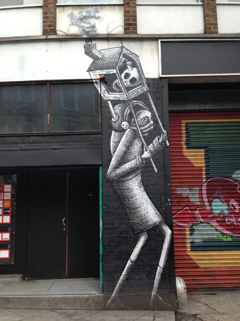 Phlegm monochrome street art mural, Shoreditch, East London, 2013–2014, photographed by GraffitiStreet