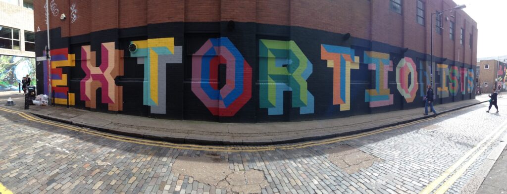 Ben Eine spray-painted mural, warehouse wall, Shoreditch, East London, 2013–2014, photographed by GraffitiStreet
