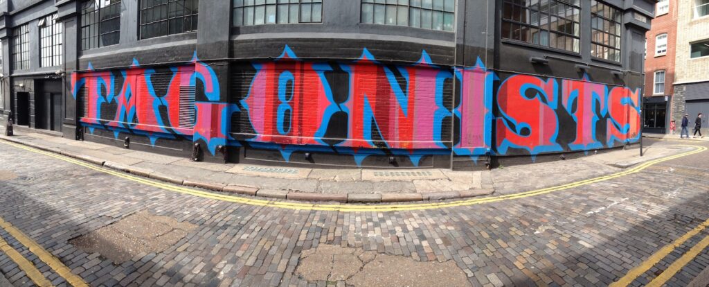 Ben Eine spray-painted mural, warehouse wall, Shoreditch, East London, 2013–2014, photographed by GraffitiStreet