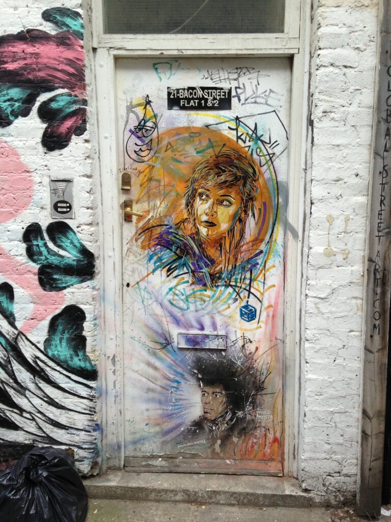 Charlie Burns portrait tribute mural, Shoreditch backstreets, East London, 2013–2014, photographed by GraffitiStreet