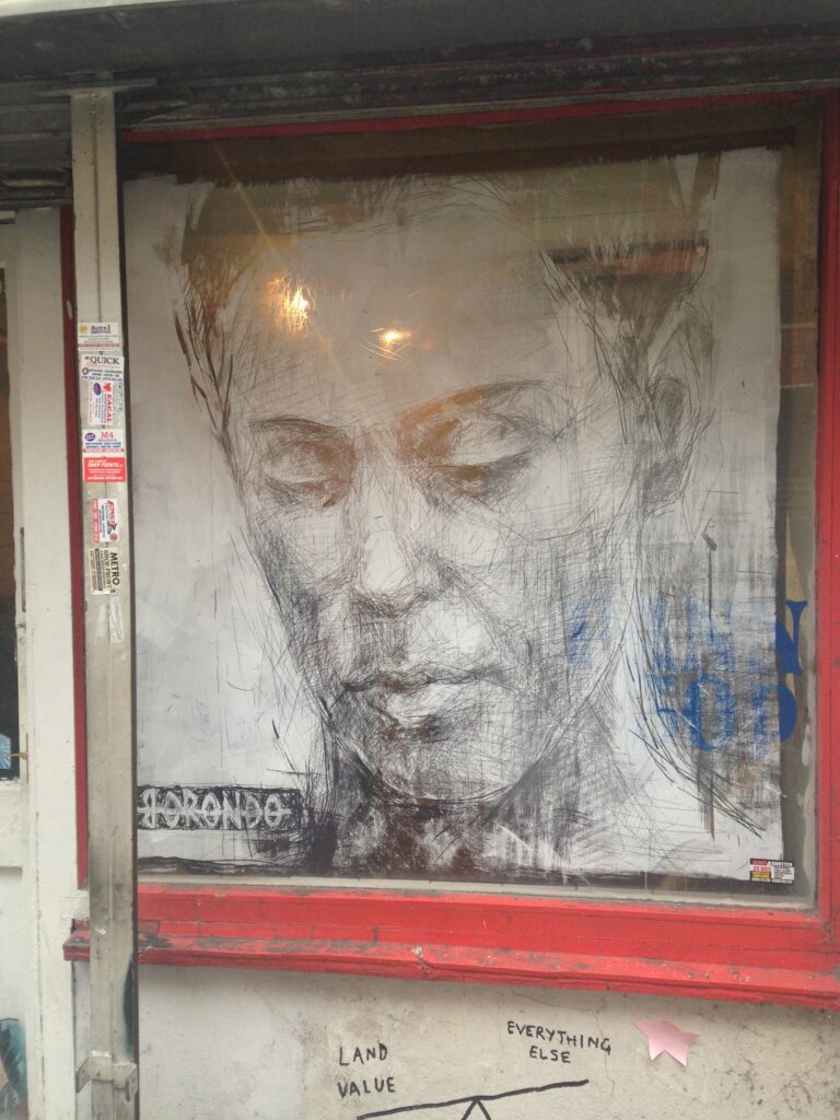 Borondo scratched figurative street art piece, Shoreditch, East London, 2013–2014, photographed by GraffitiStreet
