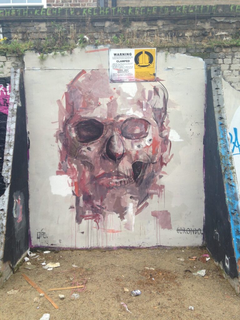 Borondo Skull figurative street art piece, Shoreditch, East London, 2013–2014, photographed by GraffitiStreet