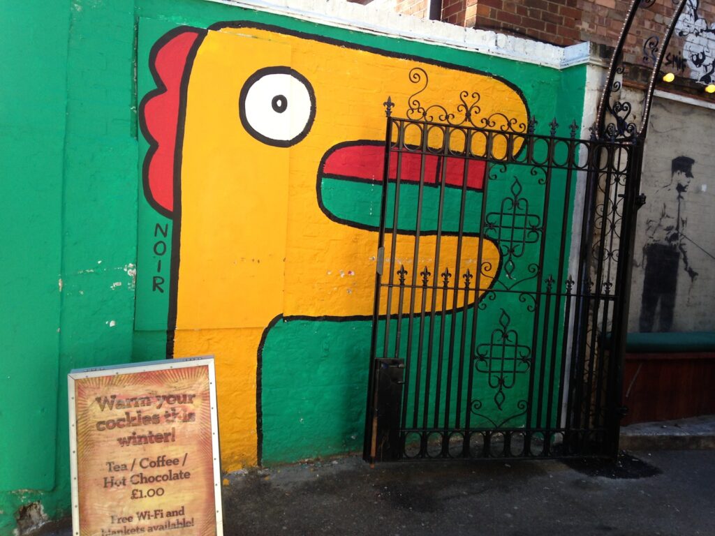 Thierry Noir spray-painted mural, warehouse wall, Shoreditch, East London, 2013–2014, photographed by GraffitiStreet