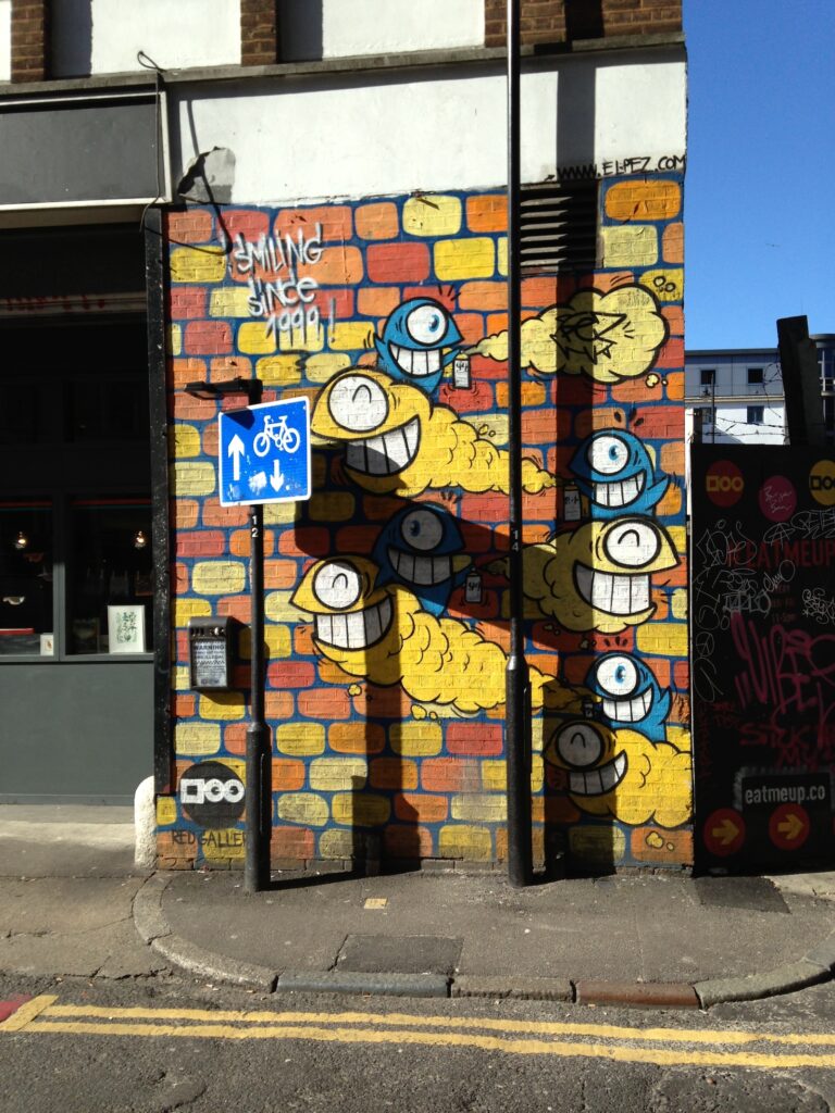 Pez graffiti artwork on brick wall, Shoreditch, East London, 2013–2014, photographed by GraffitiStreet