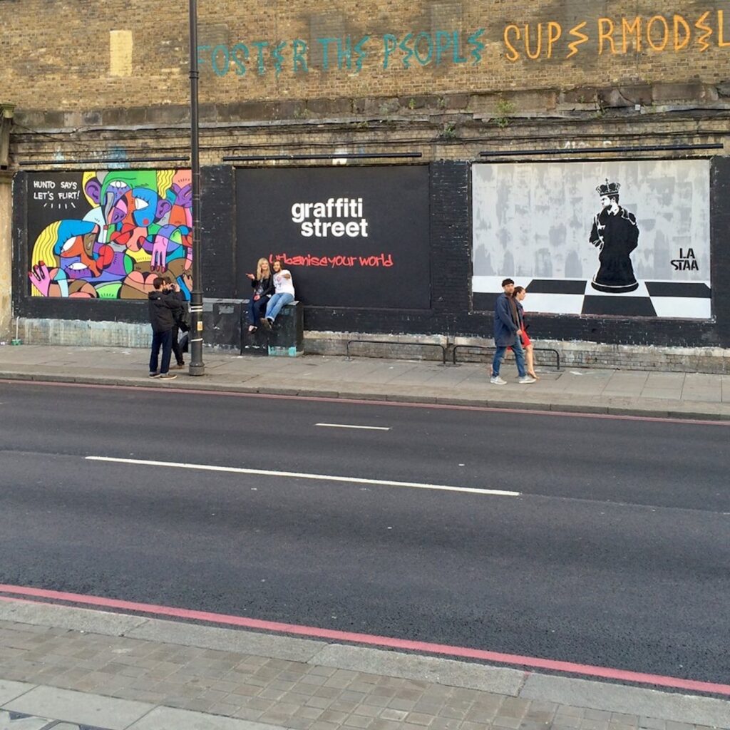GraffitiStreet opening street art piece, Shoreditch Walls, East London, 2013–2014, photographed by GraffitiStreet
