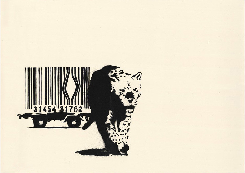 Banksy’s Barcode unsigned screenprint showing a leopard escaping from a barcode cage