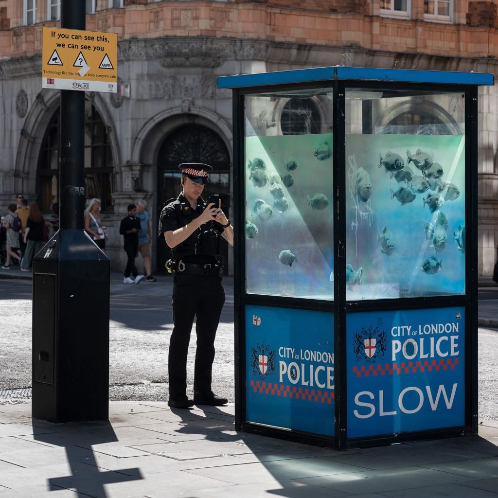 Police man taking photo of police box filled with piranhas in Banksy London Zoo 2024 artwork
