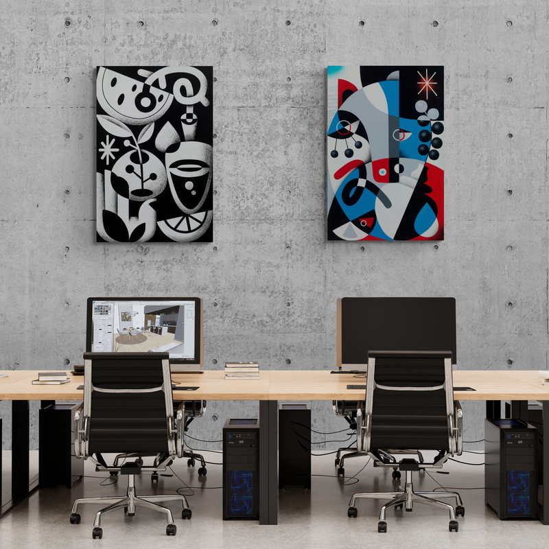 Ruben Sanchez contemporary paintings displayed in creative office interior