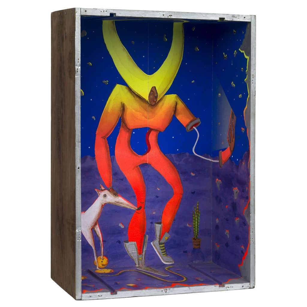 Enivo - Passeio Cosmico (2024). Enivo Little Boxes painted sculpture.