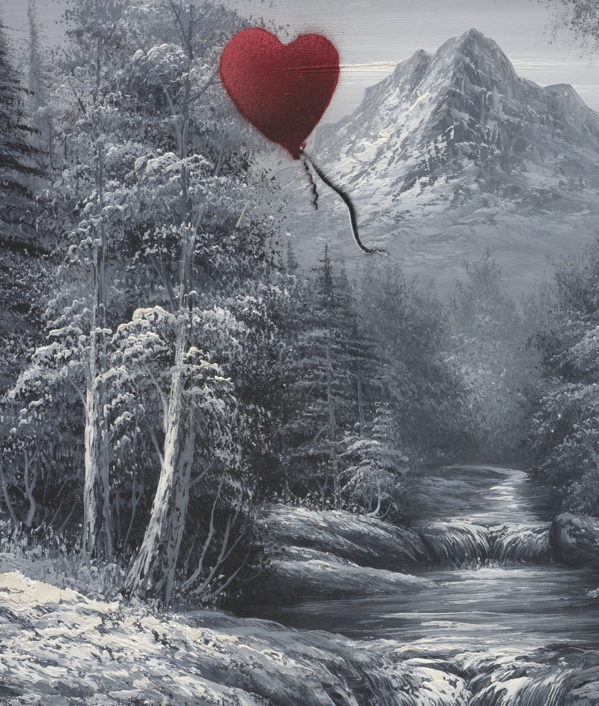 close up of red hear balloon, Banksy Girl and Balloon on Found Landscape