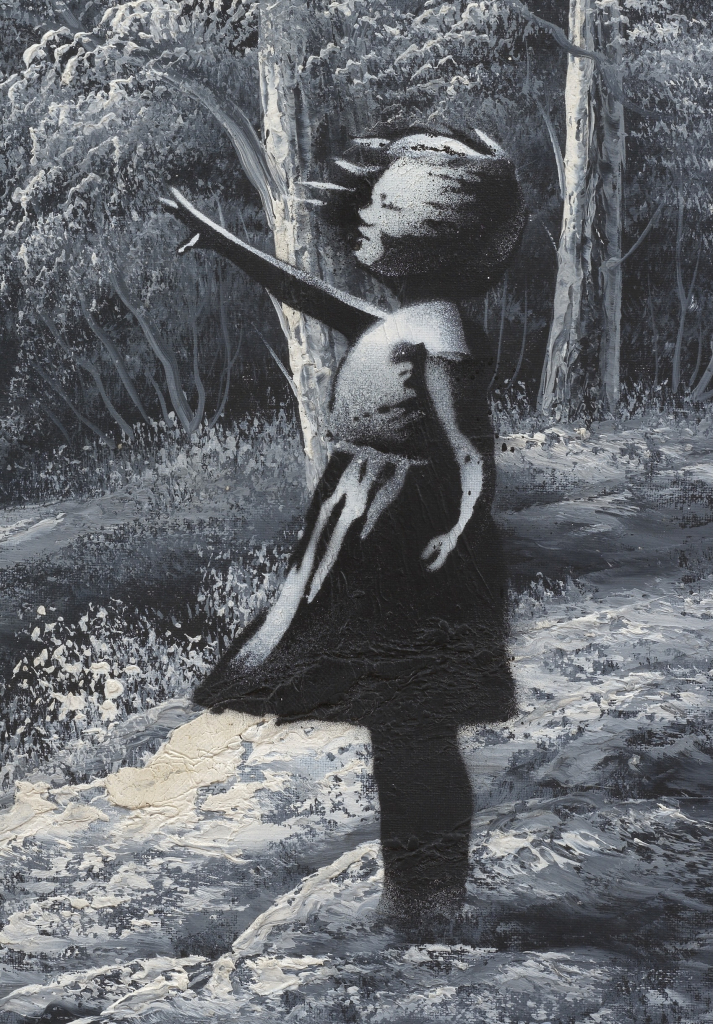close up of girl, Banksy Girl and Balloon on Found Landscape