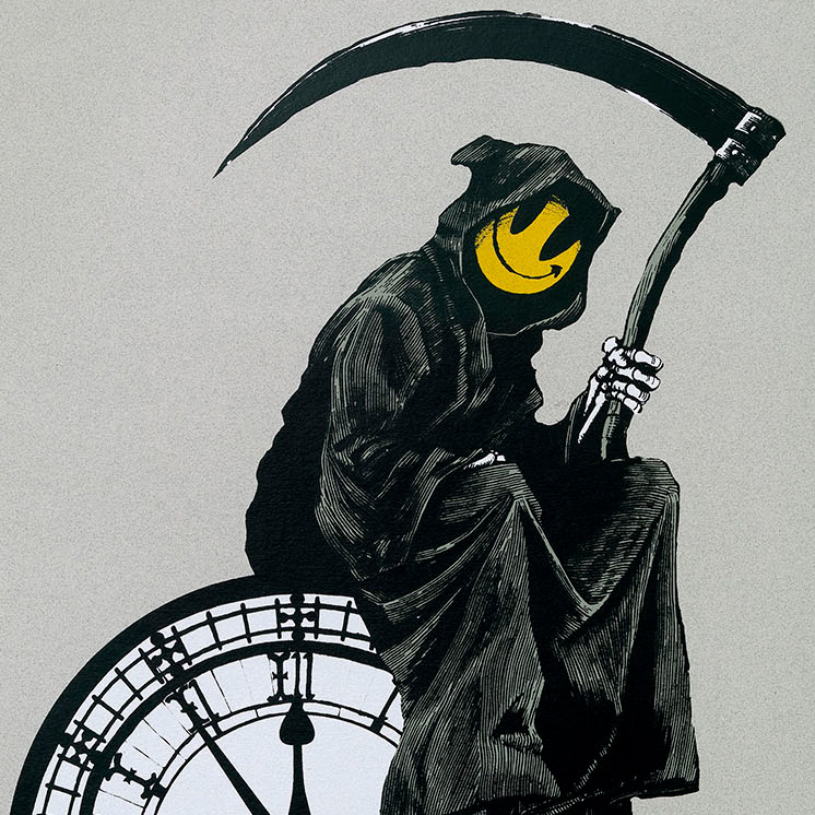 Banksy Grin Reaper clock and scythe detail